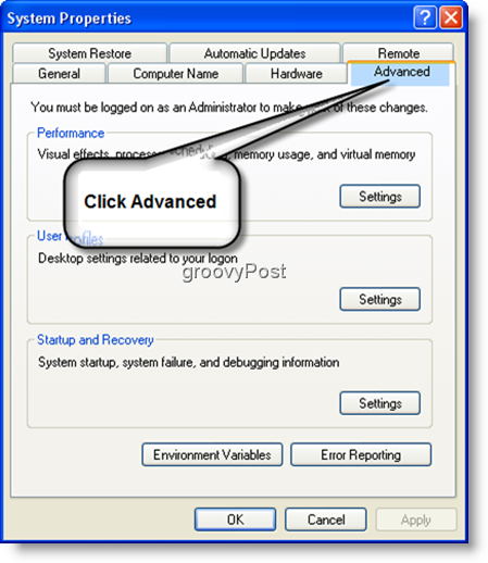 Properti Sistem Pengaturan Lanjut Windows XP