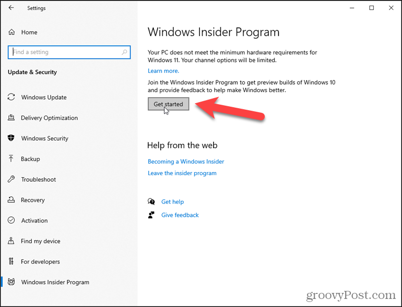 Klik Mulai untuk Program Windows Insider
