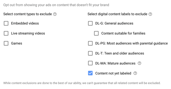 Cara menyiapkan kampanye iklan YouTube, langkah 15, menetapkan jenis yang dikecualikan dan opsi label