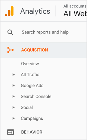 Ini adalah screenshot dari sidebar Google Analytics. Logo muncul di kiri atas. Ini adalah titik oranye di samping bilah oranye dan kemudian bilah kuning yang lebih tinggi, menunjukkan grafik batang. Dari atas ke bawah di bilah sisi adalah opsi berikut: kotak berlabel "Telusuri laporan dan bantuan", Akuisisi (yang muncul dalam warna oranye), dan subopsinya. Subopsi tersebut adalah Ringkasan, Semua Traffic, Google Ads, Search Console, Sosial, dan Kampanye. Segitiga kecil muncul di samping setiap suboption, menyarankan Anda untuk melihat opsi tambahan dengan mengklik segitiga. Opsi level utama terakhir yang ditampilkan adalah Perilaku. Jennifer Priest menggunakan Google Analytics untuk melihat pin mana yang mengirimkan lalu lintas terbanyak dan mengevaluasi tagar, gambar, dan papan apa yang berfungsi dengan baik untuk lalu lintas situs webnya.