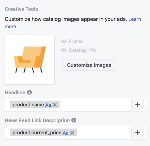 Gunakan Alat Pengaturan Acara Facebook, langkah 30, opsi menu untuk menyesuaikan bagaimana gambar katalog muncul di iklan Facebook
