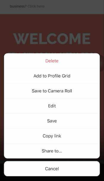 tangkapan layar opsi menu berbagi gulungan instagram yang menawarkan kemampuan untuk berbagi ke profil, rol kamera, menyalin tautan, atau berbagi ke…