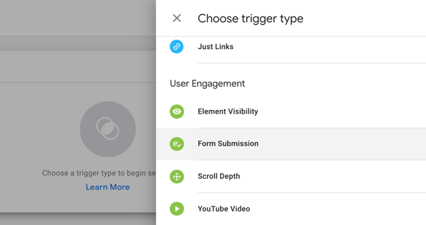 Gunakan Google Tag Manager dengan Facebook, langkah 19, opsi menu untuk memilih jenis pemicu di Google Tag Manager