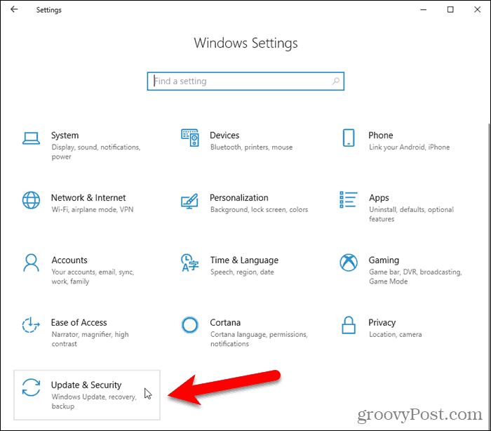 Klik Perbarui & Keamanan di pengaturan Windows 10