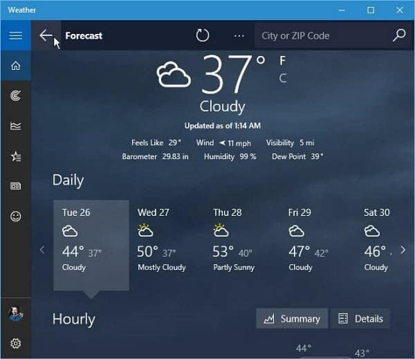 Prakiraan Aplikasi Cuaca Windows 10