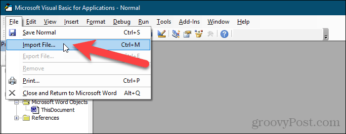 Buka File> Impor File dalam editor VBA di Word