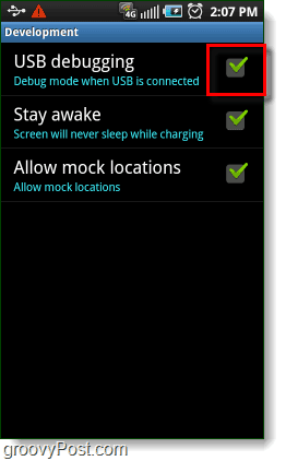 Android USB Debugging, Tetap terjaga, dan Izinkan lokasi tiruan