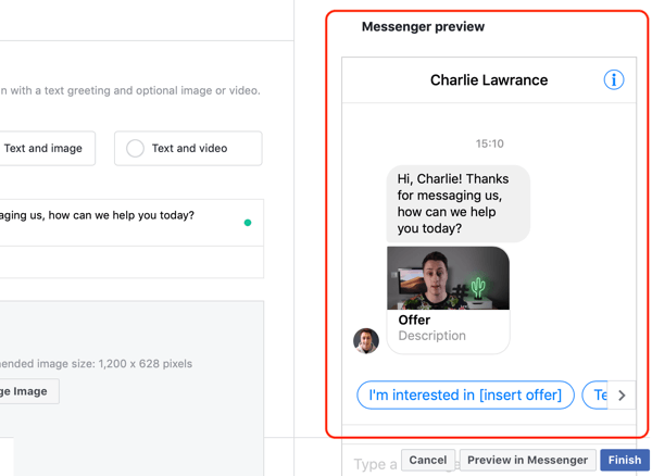 Cara menargetkan prospek hangat dengan iklan Facebook Messenger, langkah 14, pratinjau template kustom tujuan messenger