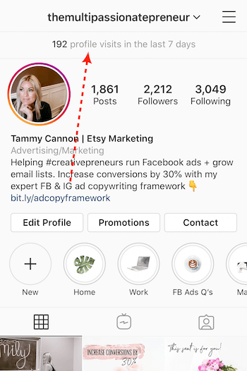 jumlah kunjungan profil yang tercantum di bagian atas profil bisnis Instagram