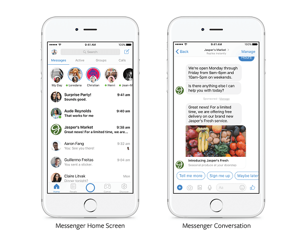Facebook mengumumkan bahwa "dalam beberapa bulan mendatang" semua pengiklan akan dapat mengirim promosi yang relevan langsung ke pelanggan yang sebelumnya telah berkomunikasi dengan suatu merek di Messenger.