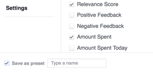 Simpan pengaturan hasil Facebook Anda sebagai templat.