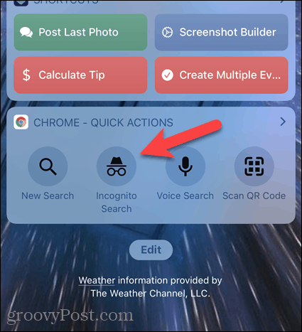 Ketuk Pencarian Penyamaran di widget Chrome di iOS