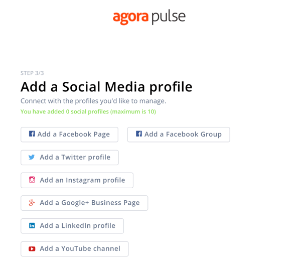 Cara menggunakan Agorapulse untuk mendengarkan media sosial, langkah 1 tambahkan profil sosial.