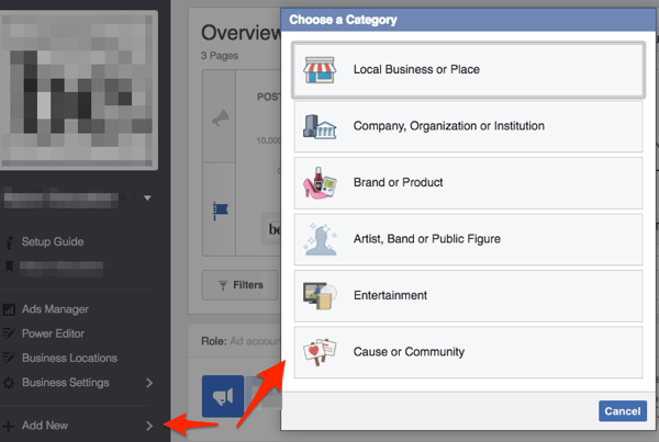 halaman facebook pilih kategori bisnis