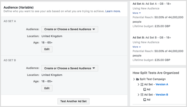 Bagi tes yang menjalankan iklan Facebook Anda ke dua atau lebih audiens.