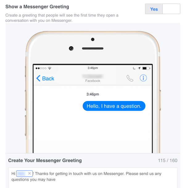 Anda dapat mengatur pesan selamat datang khusus untuk Facebook Messenger di Pengaturan Anda.
