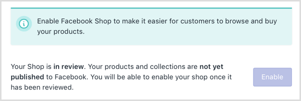 Shopify menunjukkan pesan online bahwa toko Facebook Anda sedang ditinjau.
