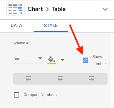Gunakan Google Data Studio untuk menganalisis iklan Facebook Anda, langkah 23, opsi untuk menampilkan nomor untuk setiap metrik