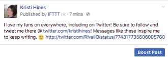 Seperti inilah tampilan tweet yang disukai ketika dibagikan ke halaman Facebook Anda melalui IFTTT.