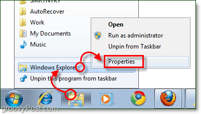 sesuaikan properti pintasan taskbar windows explorer