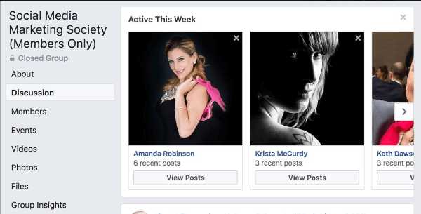 Facebook menyoroti anggota grup mana yang paling aktif minggu ini di grup.