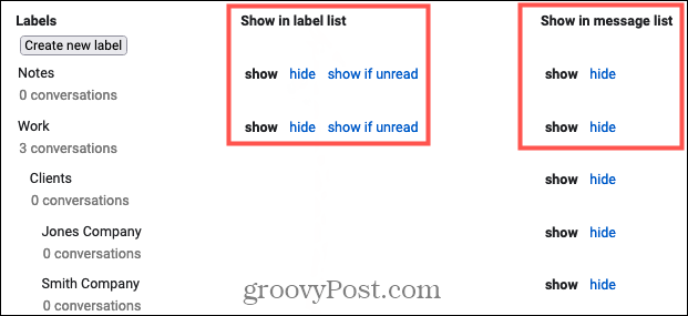 Tampilkan atau Sembunyikan label di Gmail