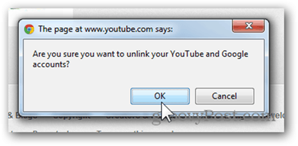 Tautkan Akun YouTube ke Akun Google Baru - Klik OK untuk Membatalkan Tautan Akun