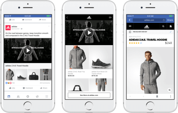 Dengan format iklan koleksi baru Facebook, merek dapat menampilkan video atau gambar utama yang mengarah ke pengalaman belanja cepat yang mendalam di Facebook. 