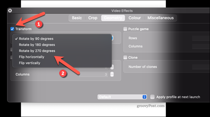 Menerapkan efek rotasi video ke VLC di Mac