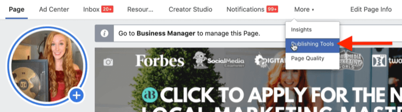 contoh halaman bisnis facebook di manajer bisnis facebook dengan opsi menu alat penerbitan disorot