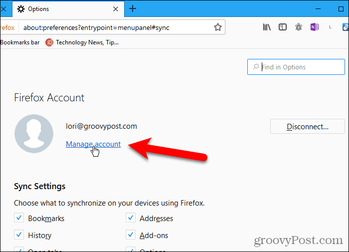 Klik Kelola akun di Firefox untuk Windows