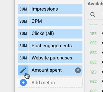 Gunakan Google Data Studio untuk menganalisis iklan Facebook Anda, langkah 11, edit pengaturan metrik untuk data grafik