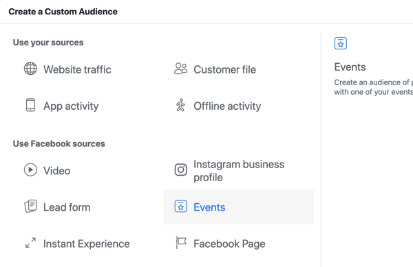 Cara mempromosikan acara langsung Anda di Facebook, langkah 10, membuat audiens khusus di Manajer Iklan Facebook berdasarkan tampilan halaman acara