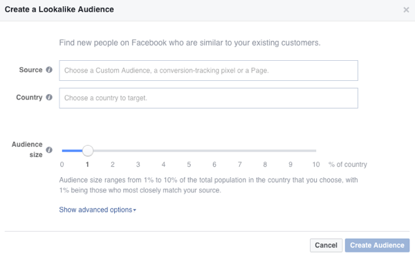 Anda akan melihat opsi ini saat Anda membuat audiens yang mirip dengan Facebook.