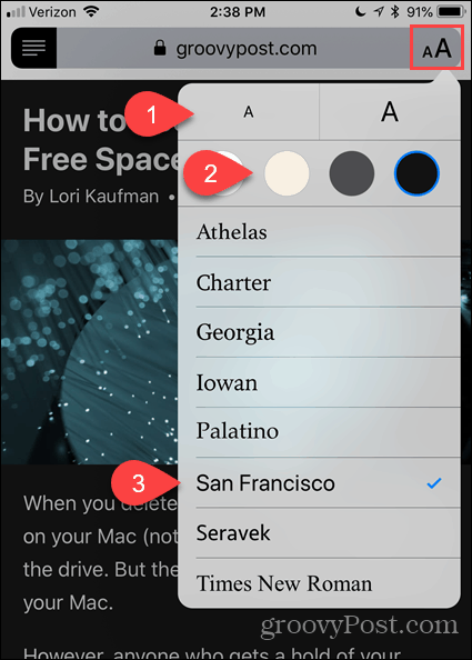 Ubah font dan warna di Tampilan Pembaca di Safari untuk iOS
