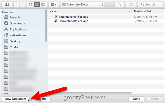 Klik Dokumen Baru di Automator pada Mac