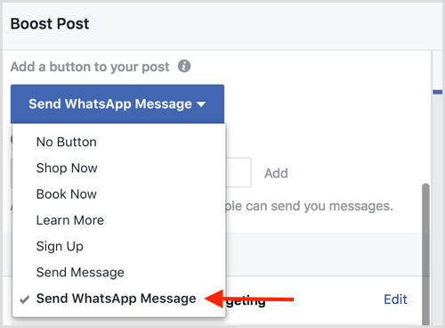Pilih opsi Kirim Pesan WhatsApp saat Anda meningkatkan kiriman Facebook.