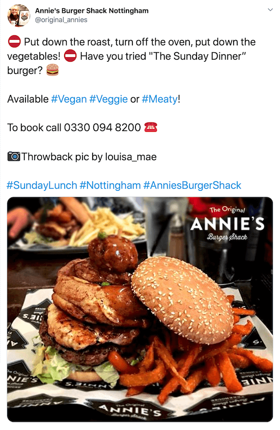 tangkapan layar posting twitter oleh @original_annies dengan gambar burger dan kentang goreng dengan deskripsi yang menarik, nomor telepon, kredit gambar, dan tagar mereka