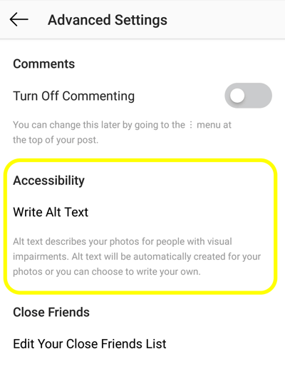Cara menambahkan teks alt ke posting Instagram, langkah 2, opsi aksesibilitas posting Instagram untuk mengatur tag alt