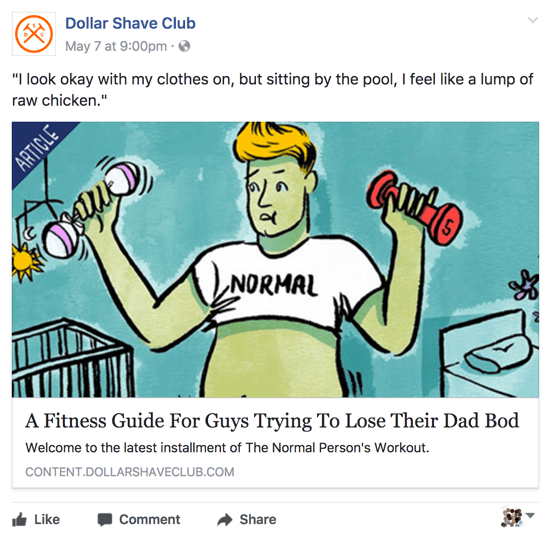 Dollar Shave Club membagikan konten yang relevan dan pintar di halaman bisnis Facebook-nya.