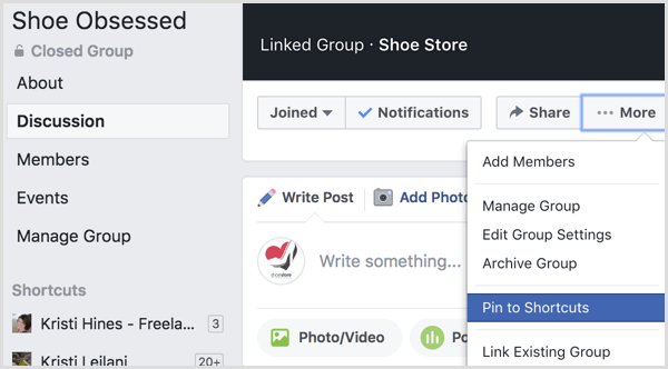 Facebook menambahkan grup ke pintasan