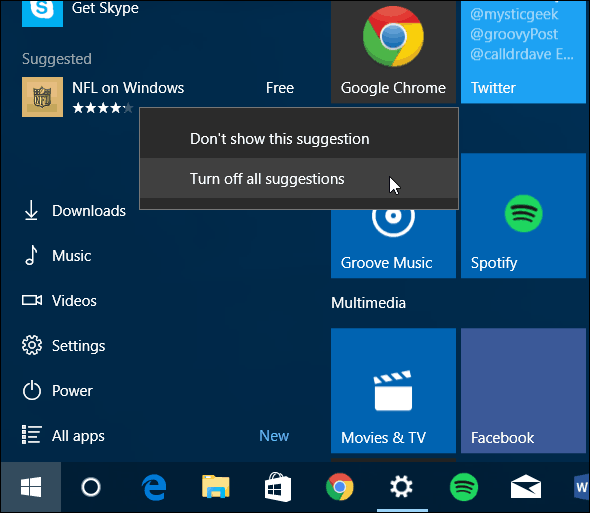 Menu Mulai Windows 10 Matikan aplikasi yang Disarankan