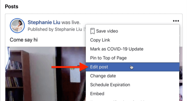 pilihan untuk mengedit posting streaming langsung facebook di bawah menu tiga titik di sudut kanan atas posting streaming