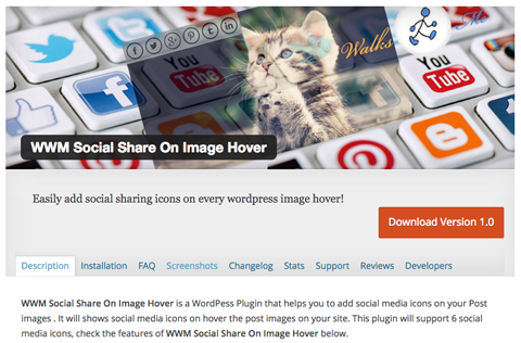 Berbagi sosial wwm pada tangkapan layar plugin hover gambar
