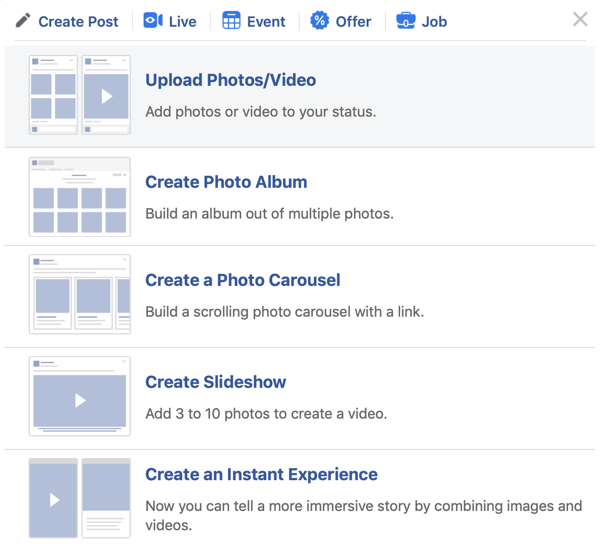 Cara mengatur Premiere Facebook, langkah 2, opsi unggah foto / video
