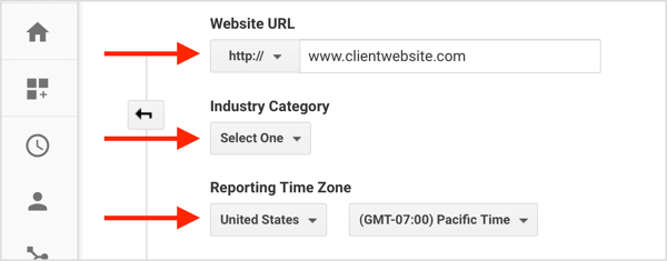 Isi informasi untuk membuat akun klien baru dari akun Google Analytics Anda.