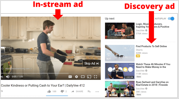 Contoh iklan AdWords in-stream dan discovery di YouTube.