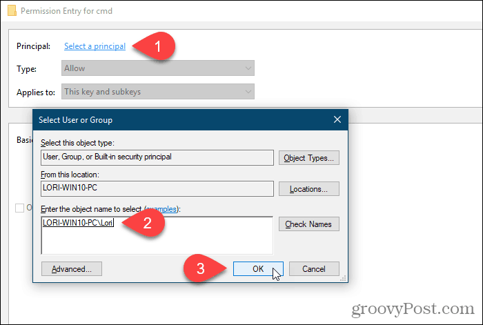 Klik Pilih kepala sekolah dan pilih pengguna atau grup untuk izin di Windows Registry