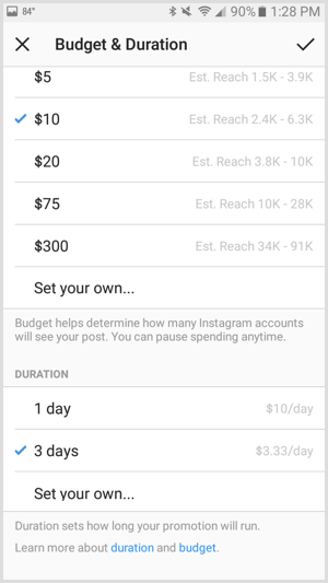 Anggaran promosi iklan Instagram