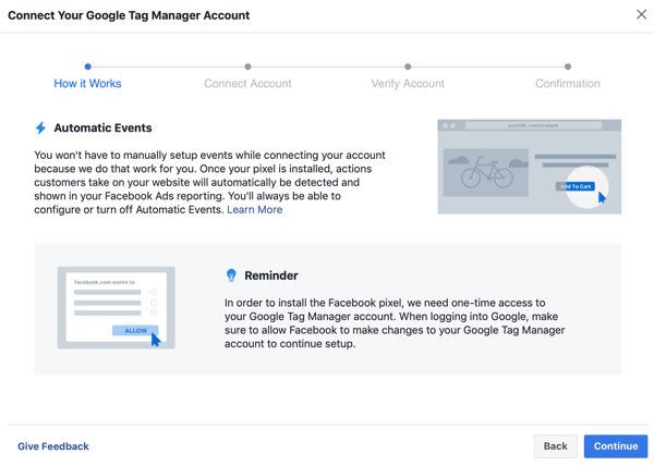 Gunakan Google Tag Manager dengan Facebook, langkah 6, tombol lanjutkan saat menghubungkan Google Tag Manager ke akun Facebook Anda